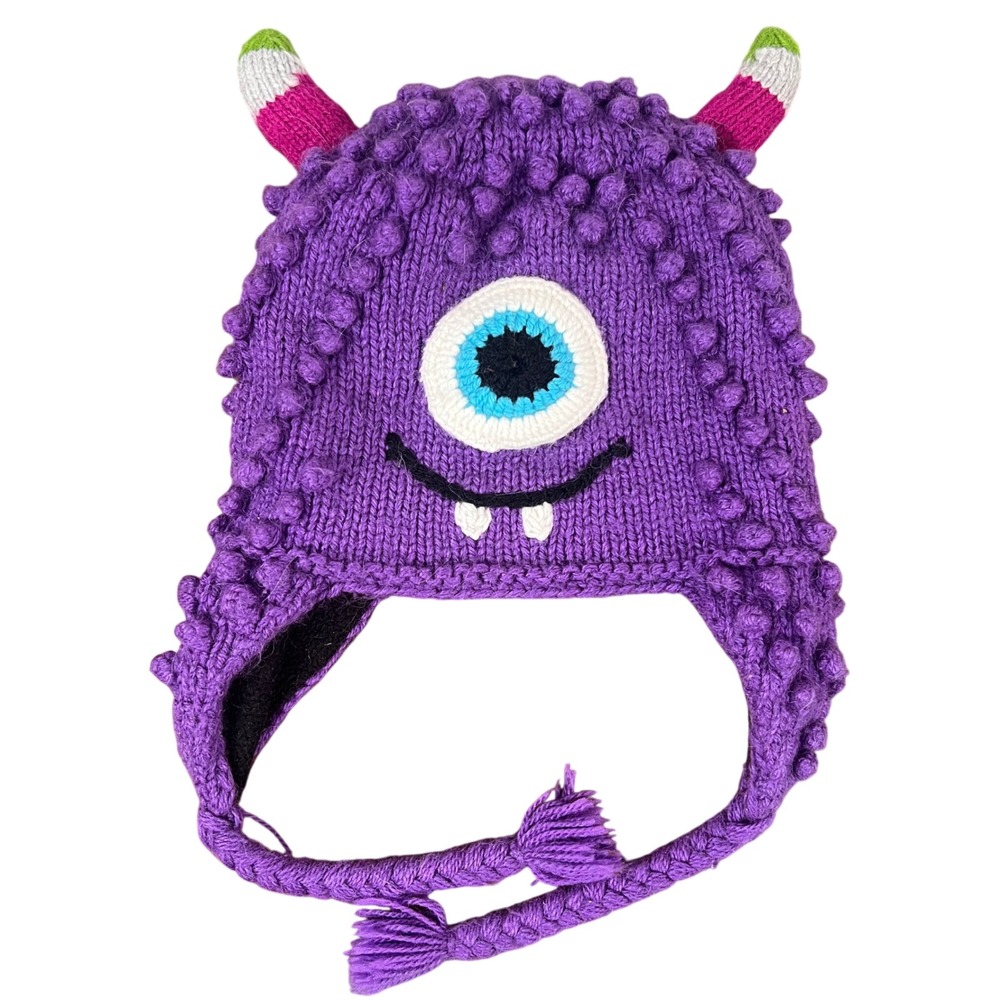 Andes Gifts Alpaca Blend Purple Monster One Eye Earflap Beanie Hat Peru Knit